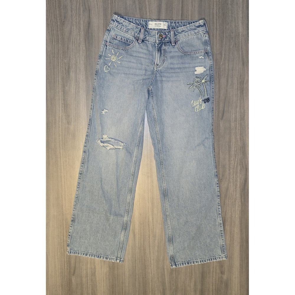 Hollister Low Rise Baggy Light Wash Distressed Denim Jeans Palm Tree Beach Sz 0